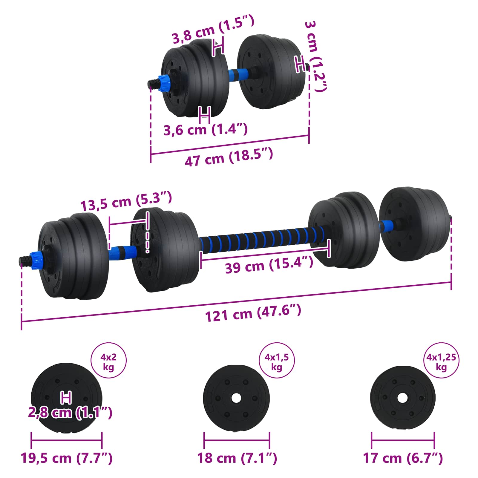 Set Manubri e Bilanciere 2-in-1 20 kg Nero e Blu