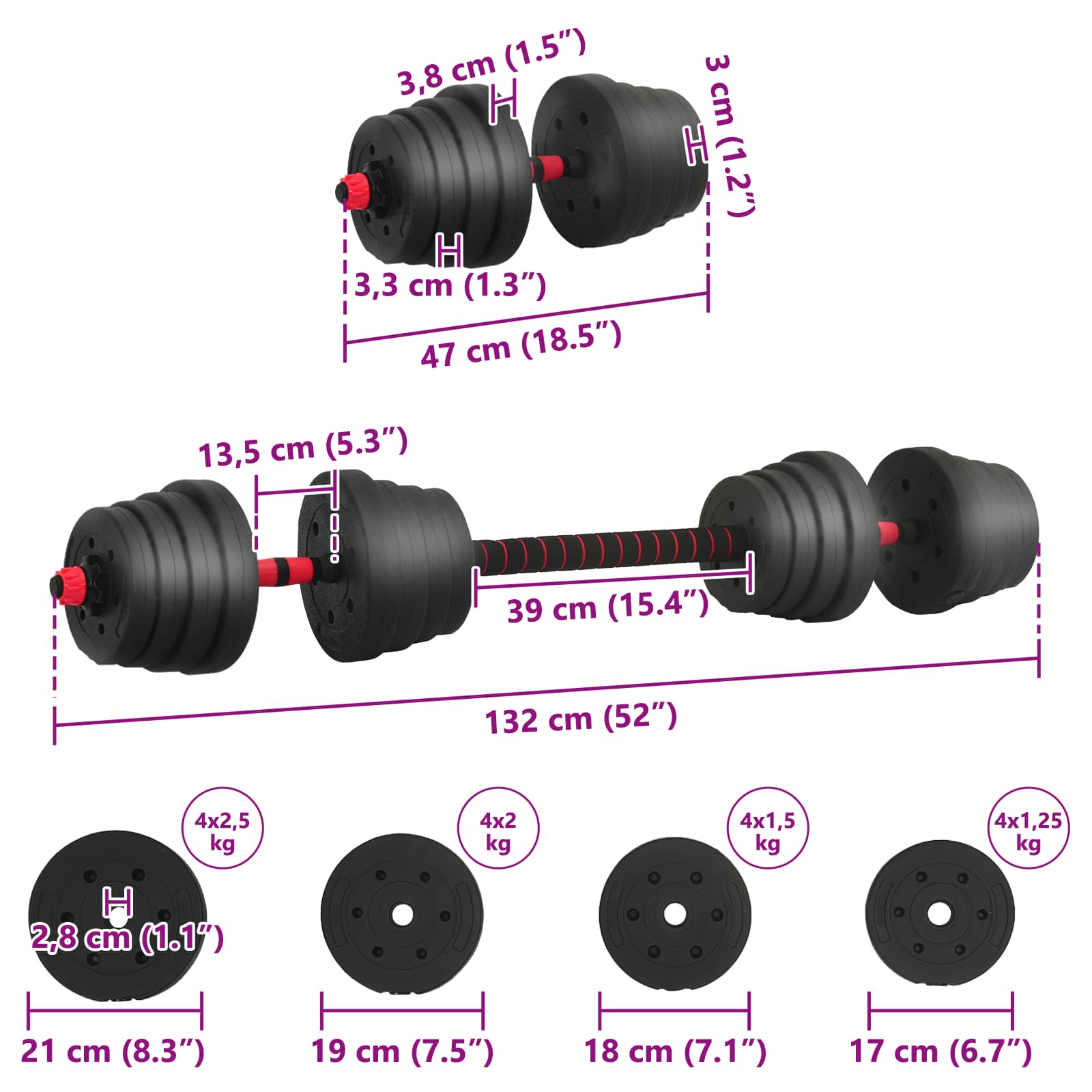 Set Manubri e Bilanciere 2-in-1 30 kg Nero e Rosso