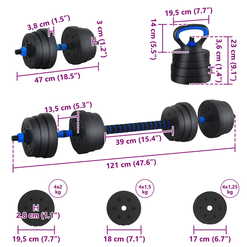 Set di manubri, bilanciere e kettlebell 4-in-1 20 kg Nero e Blu