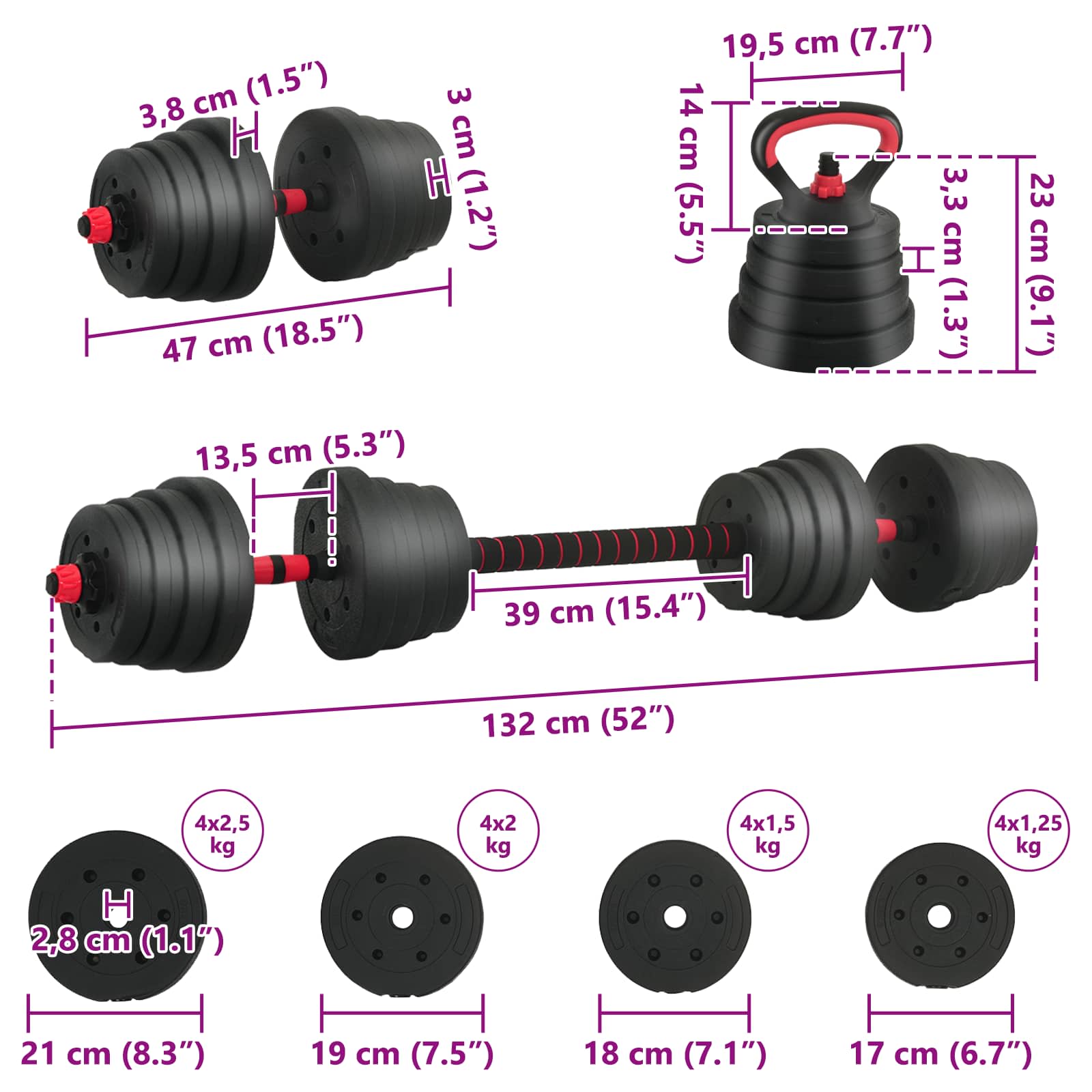 Set di manubri, bilancieri e kettlebell 4 in 1 30 kg