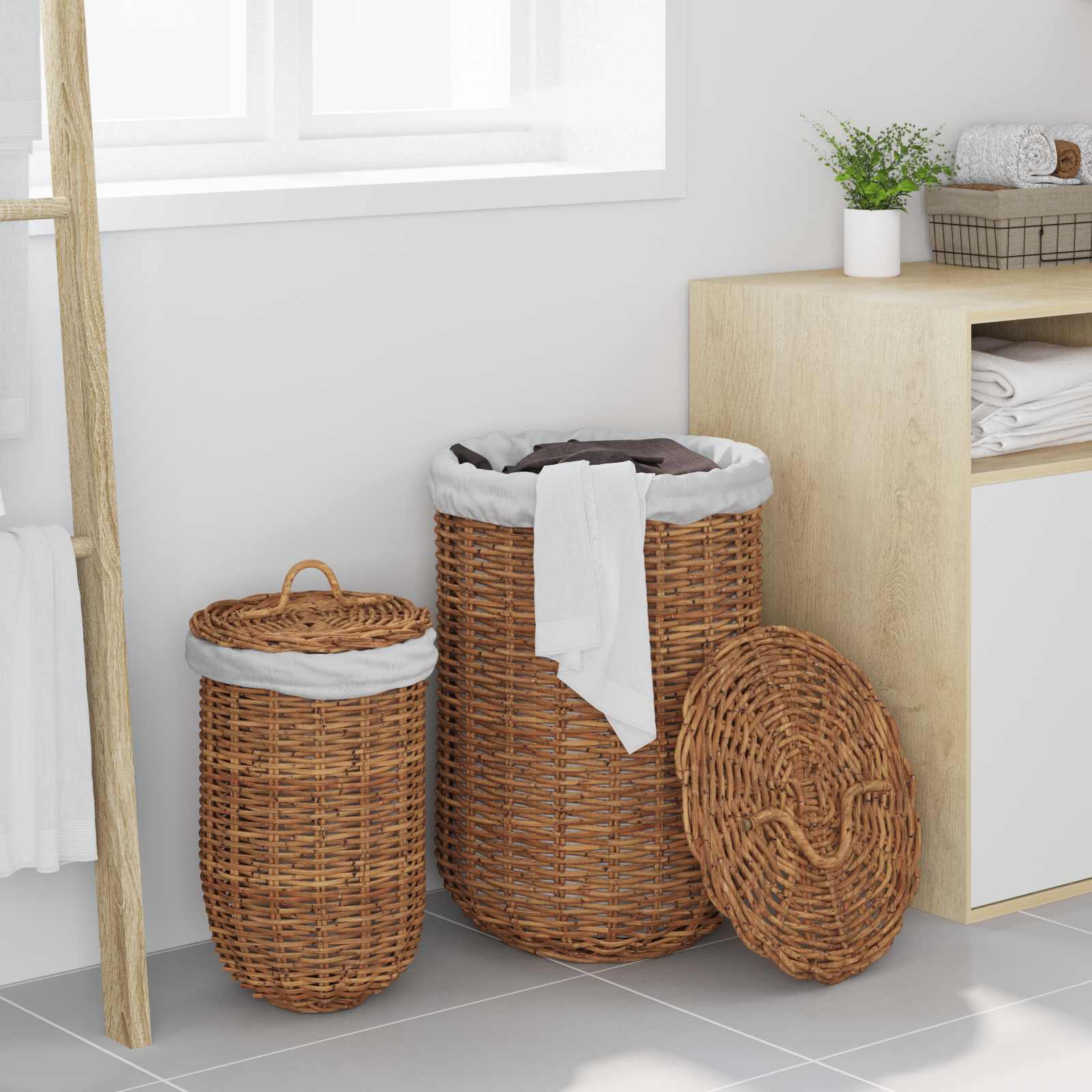 Cesto per Lavanderia 2 pcs Marrone Rattan Kubu