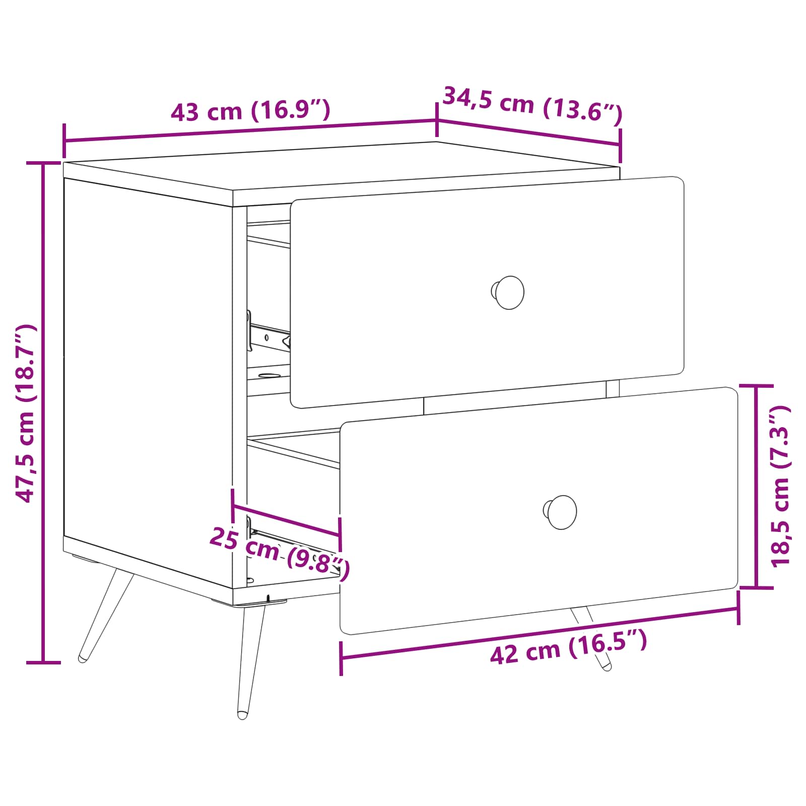 Armadio da Notte con cassetto 2 pcs Nero 43 x 34,5 x 47,5 cm
