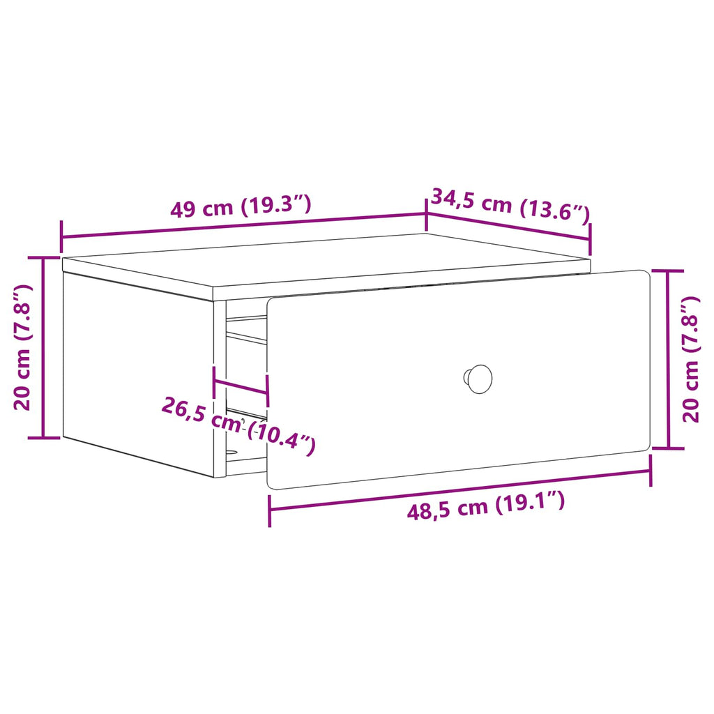 Mobiletto da notte a muro Rovere Sonoma 49 x 34,5 x 20 cm