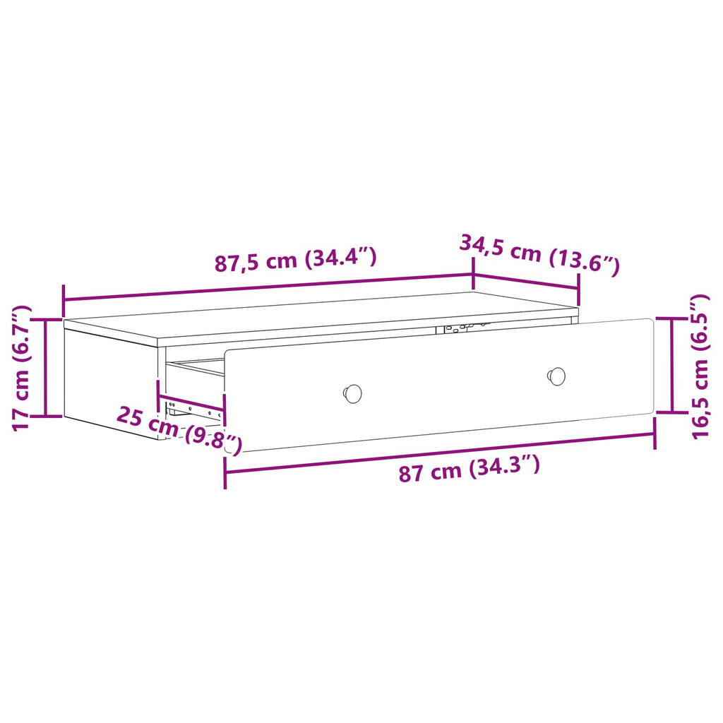 Tavolino da Parete Laterale Grigio Sonoma 87,5 x 34,5 x 17 cm