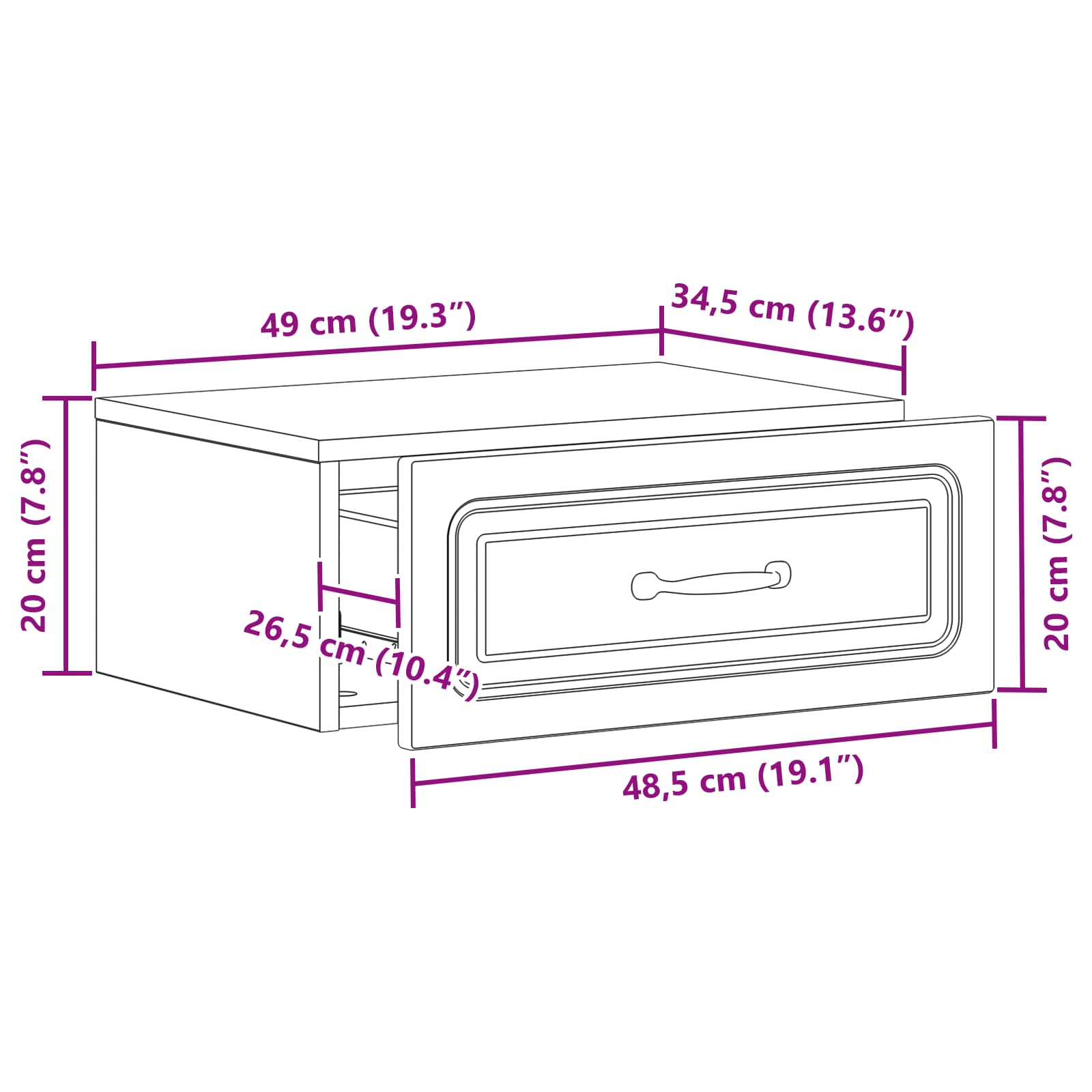 Mobiletto da notte a muro con cassetto Nero 49 x 34,5 x 20 cm