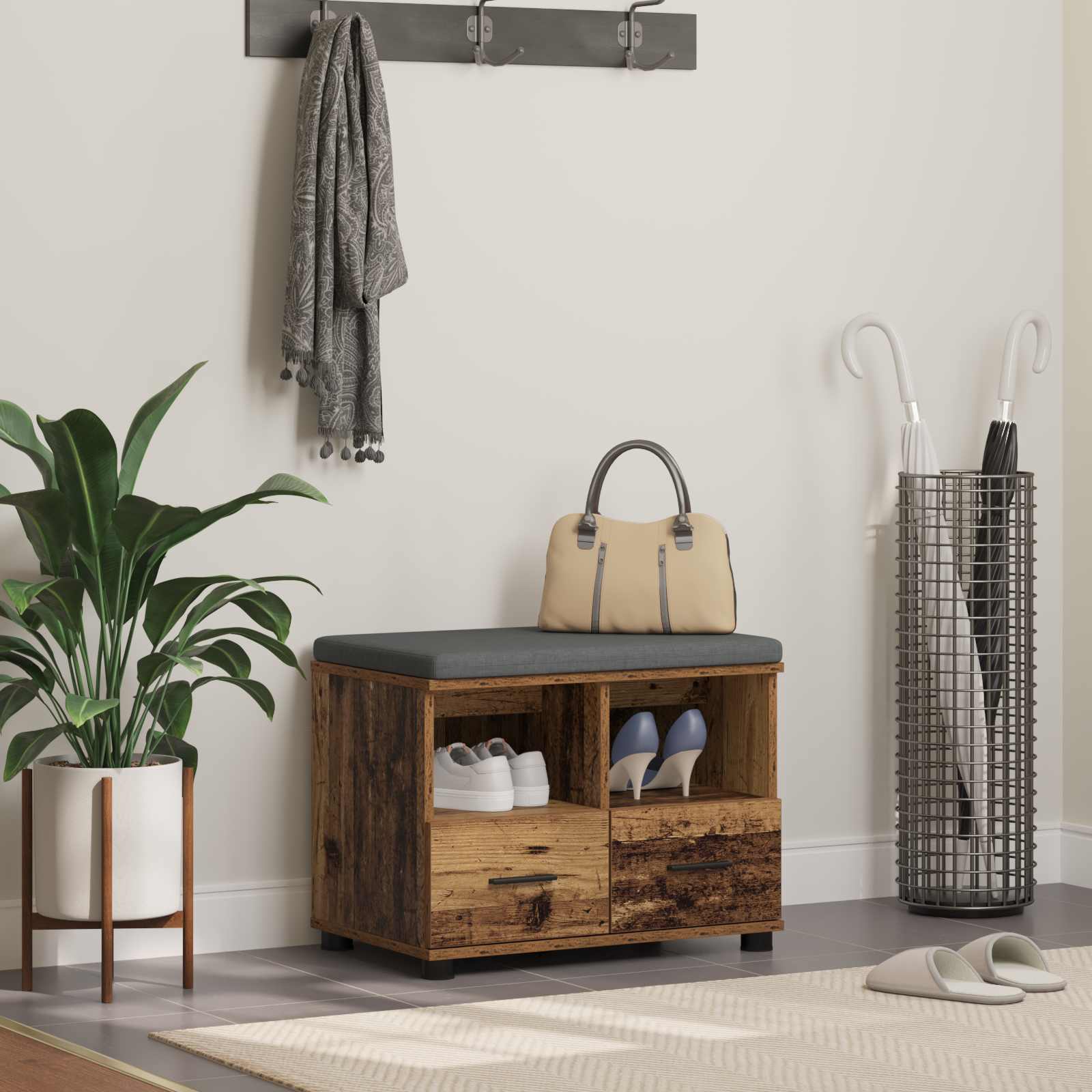 Panca per ingresso con cuscino Legno vecchio 60 x 38 x 46 cm
