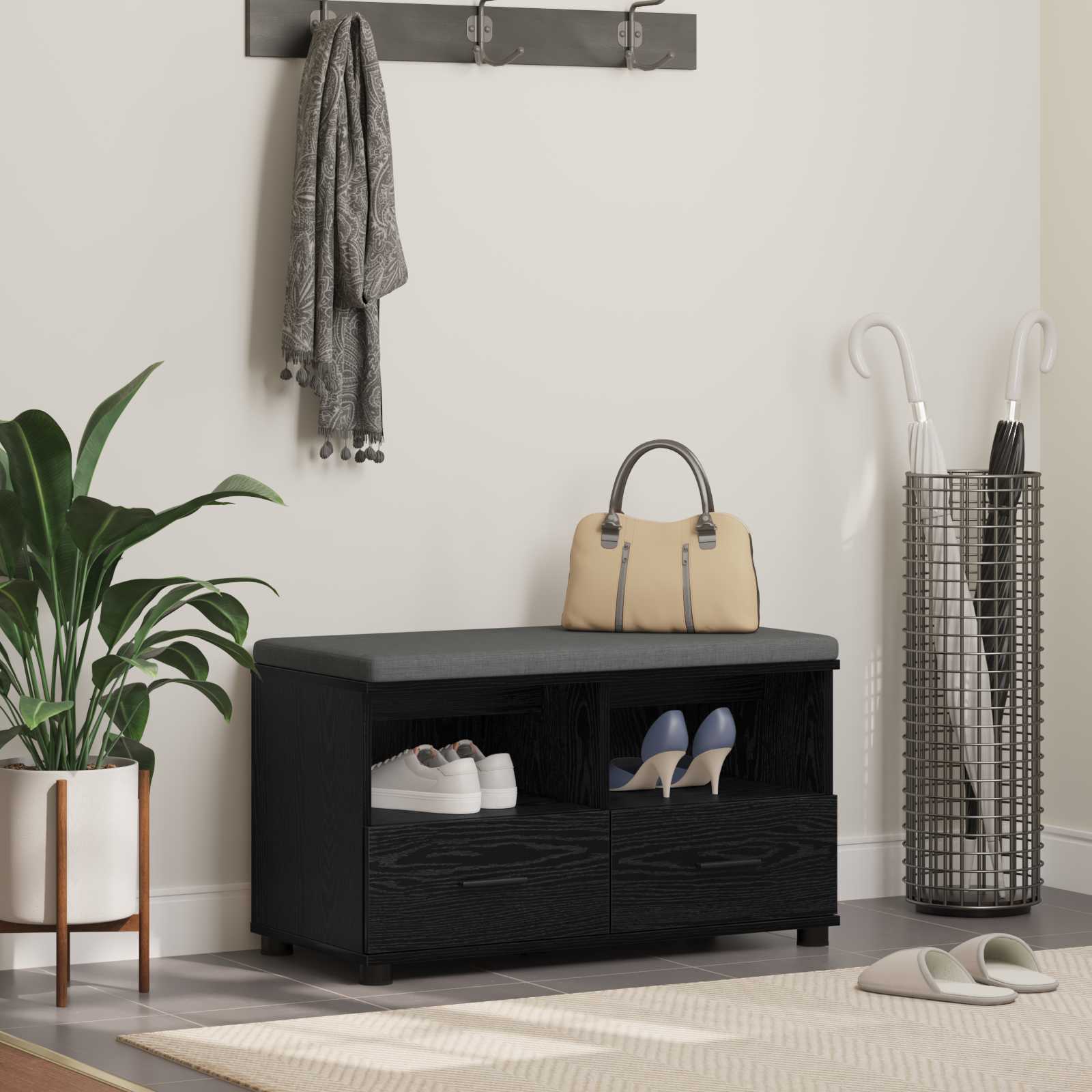 Panca per ingresso con cuscino Rovere Nero 80 x 38 x 46 cm