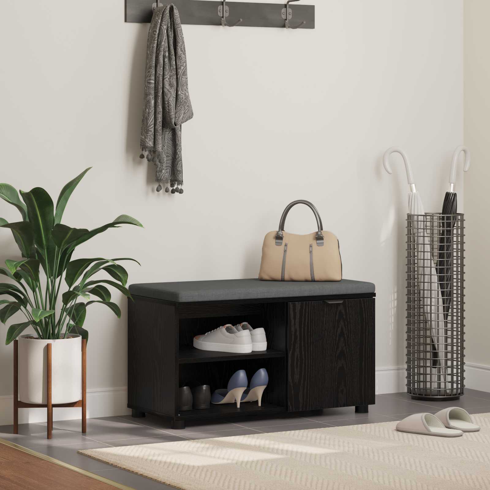 Panca per ingresso con cuscino Rovere Nero 80 x 38 x 46 cm
