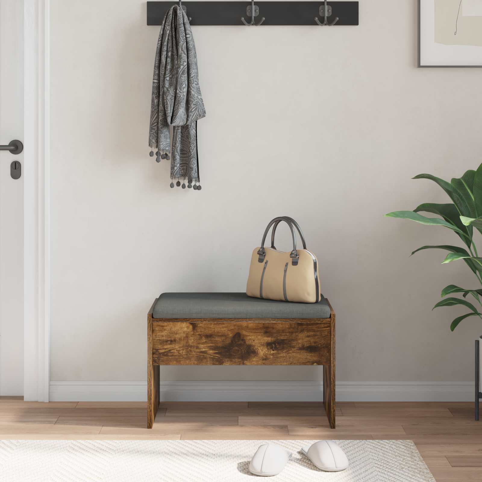 Panca per ingresso con cuscino Rovere fumé 63 x 38 x 40 cm