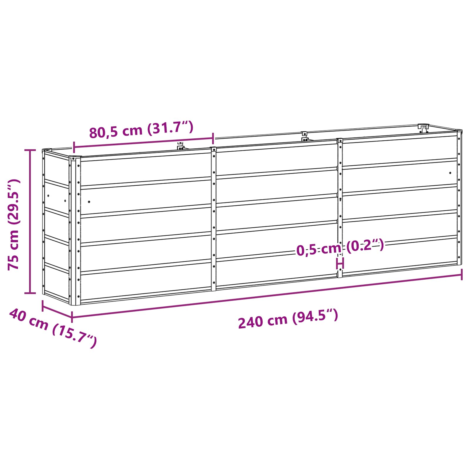 Fioriera Grigio chiaro 240 x 40 x 75 cm Acciaio