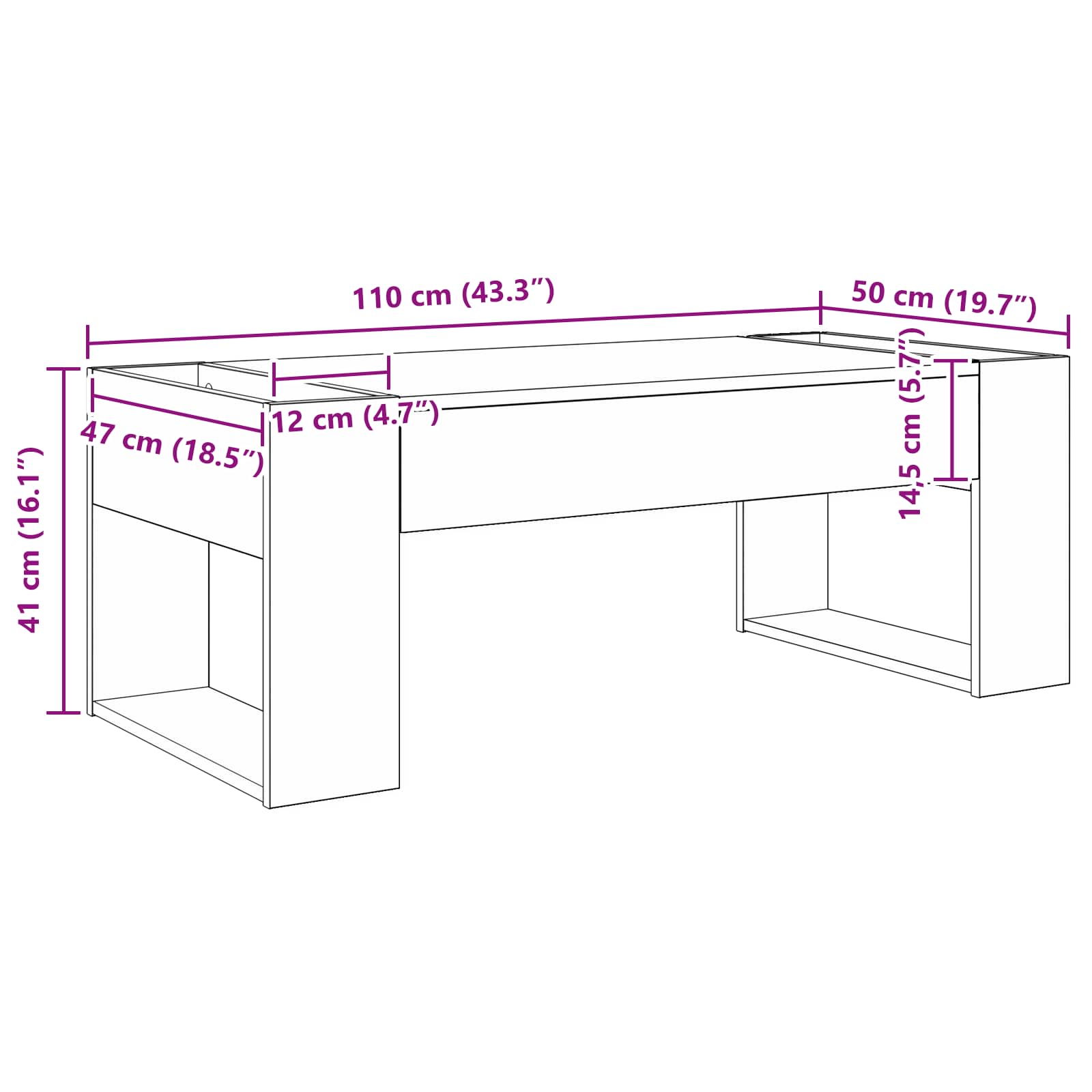 Tavolino da salotto Rovere artigianale 110 x 50 x 41 cm
