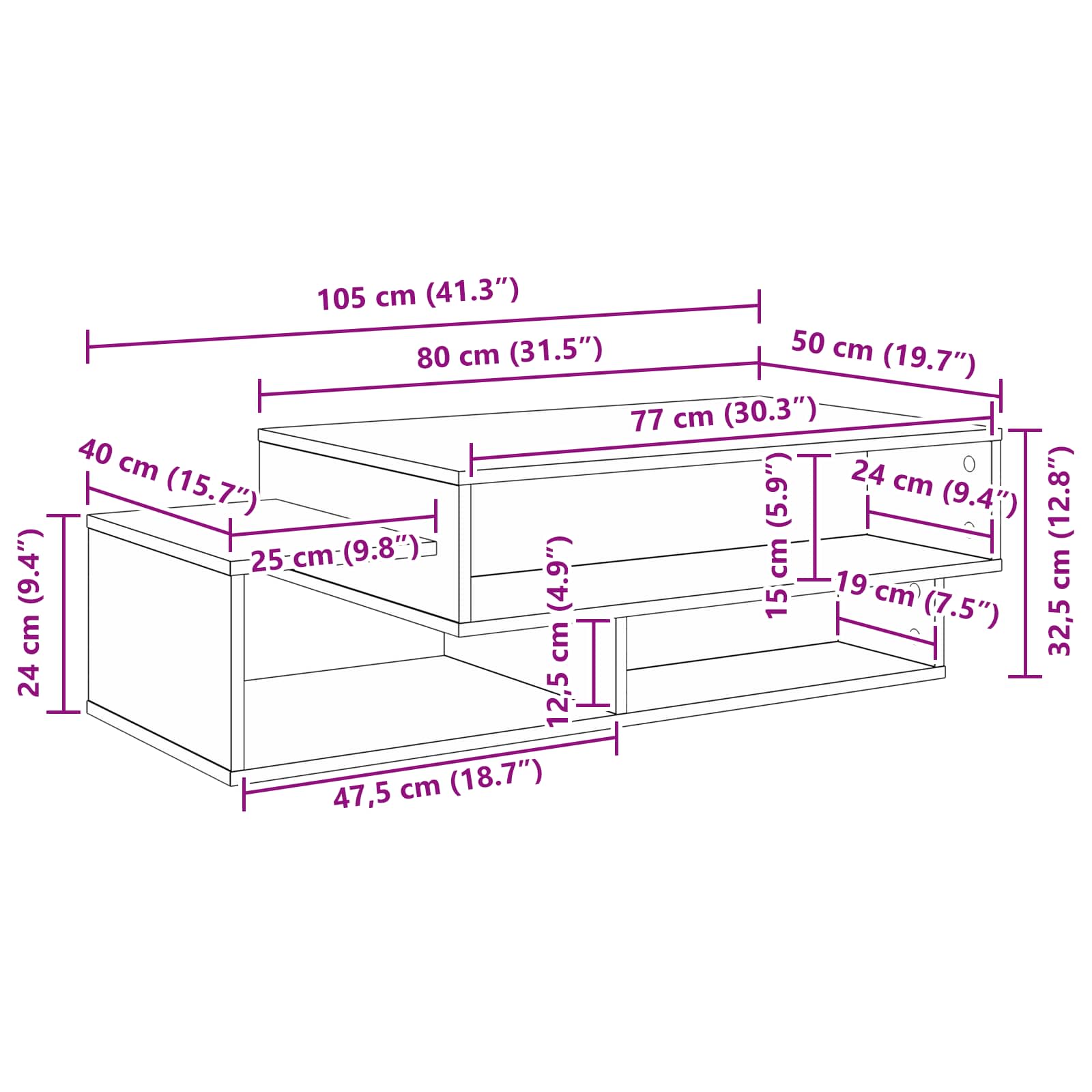 Tavolino da salotto Rovere artigianale 105 x 50 x 32,5 cm