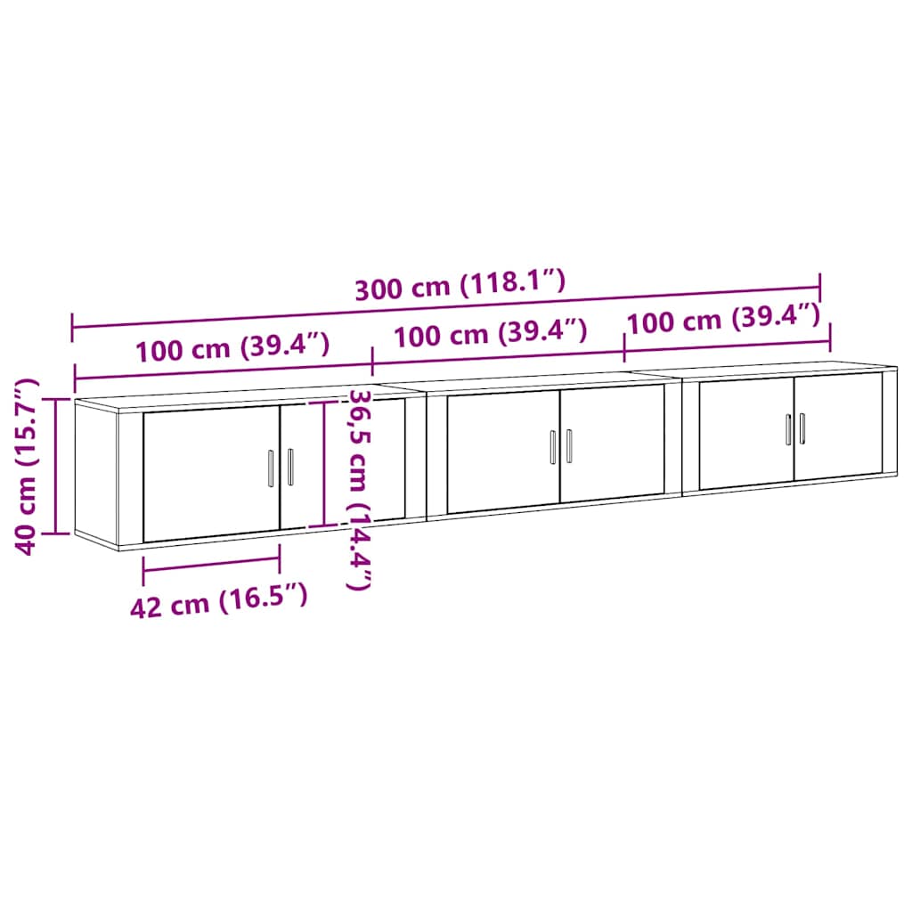Set Mobile TV da Parete 3 pcs Legno vecchio 100 x 34,5 x 40 cm