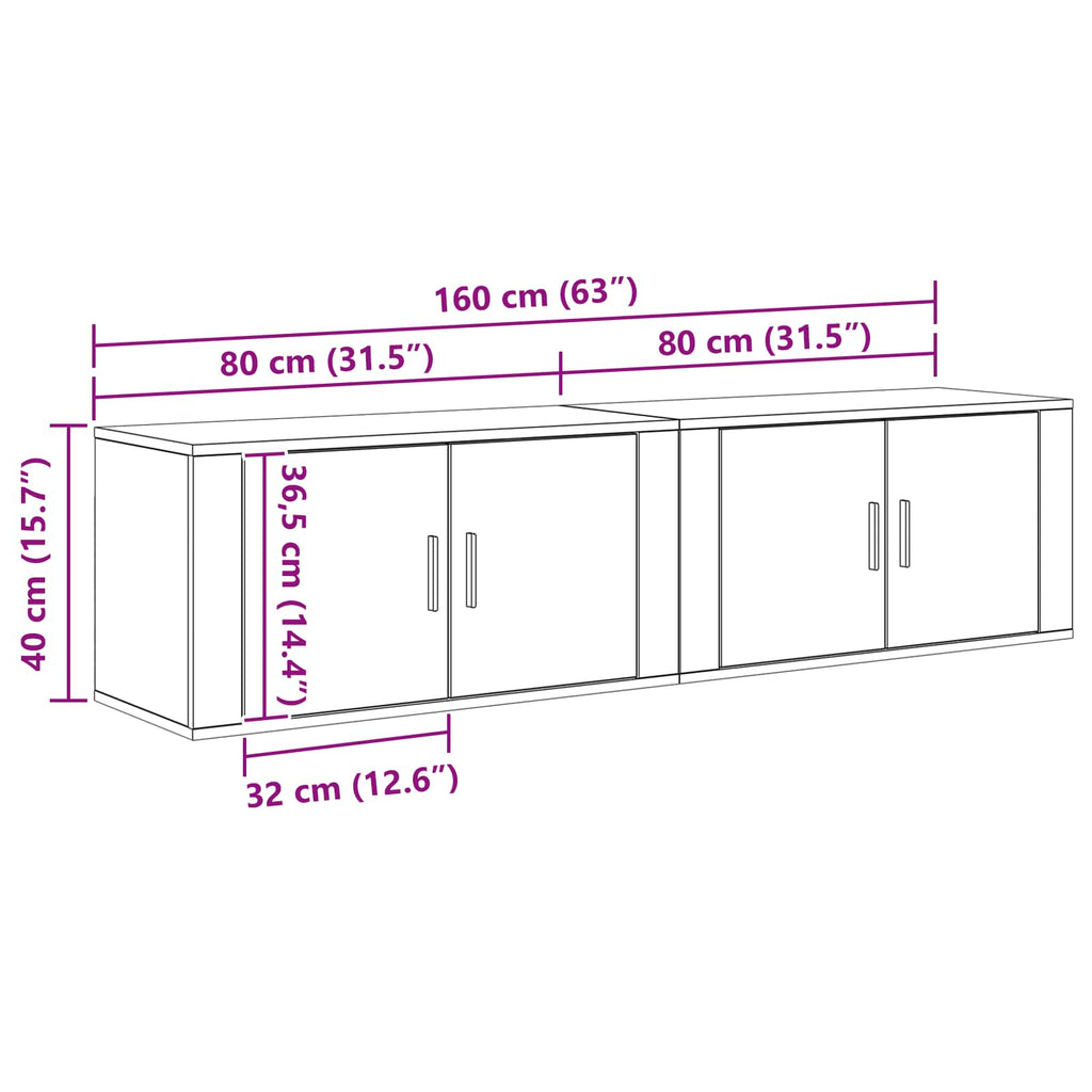 Set Mobile TV da Parete 2 pcs Rovere Nero 80 x 34,5 x 40 cm