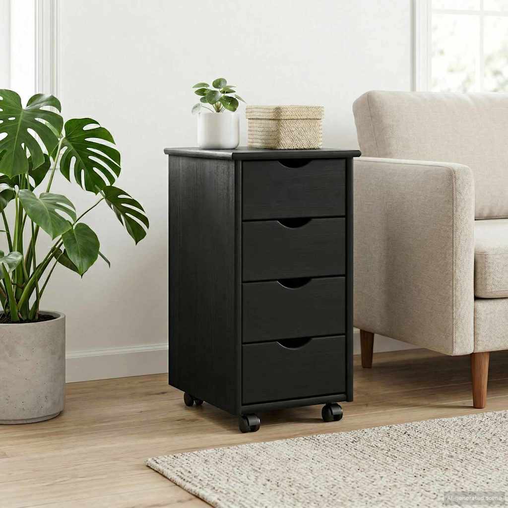 Mobile con Ruote Nero 34 x 39 x 65,5 cm Legno di Pino Massello