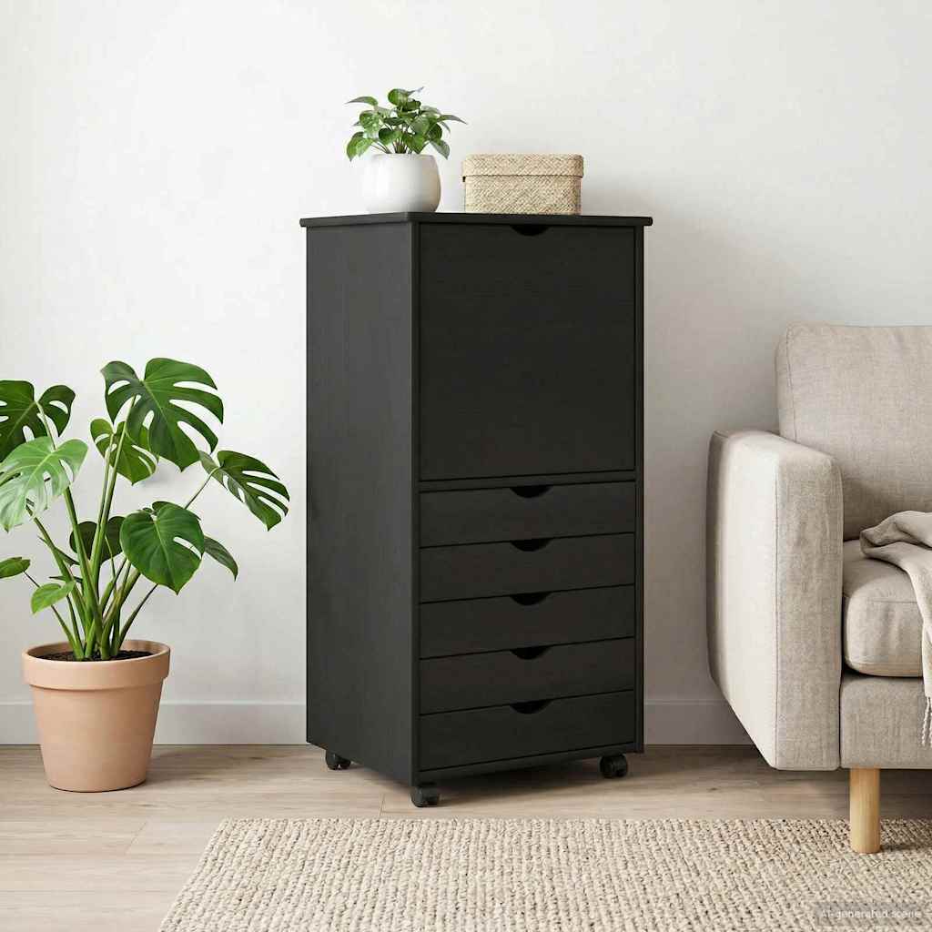 Mobile con Ruote Nero 53 x 39 x 103 cm Legno di Pino Massello