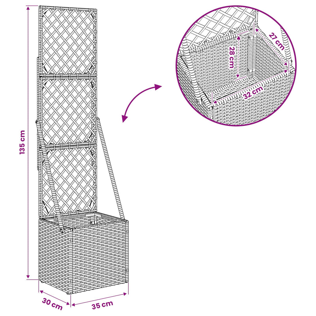 Vaso da Giardino con Trellis Grigio 35 x 30 x 135 cm polyrattan