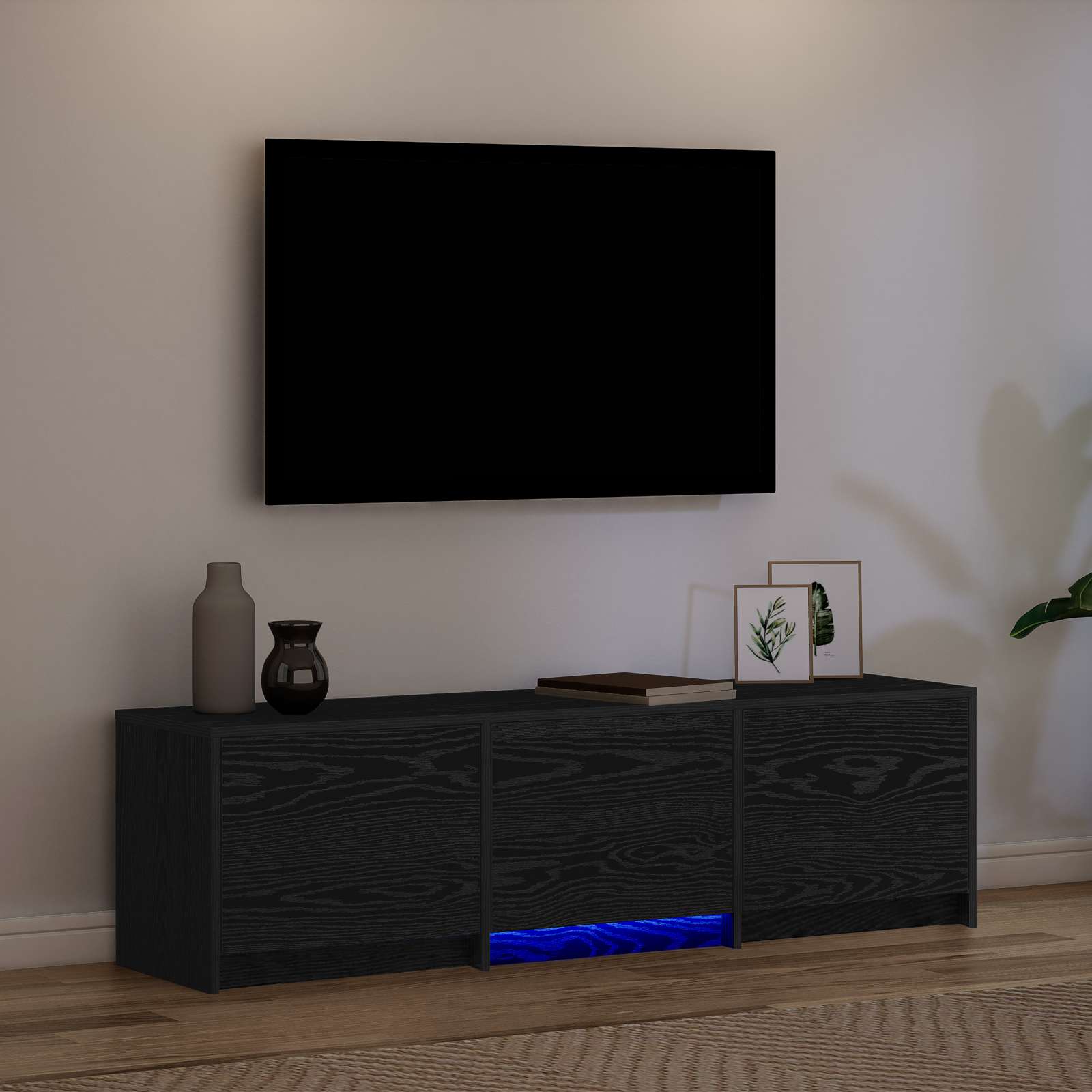 Mobile TV con LED con strisce LED Rovere Nero 140 x 34 x 40 cm