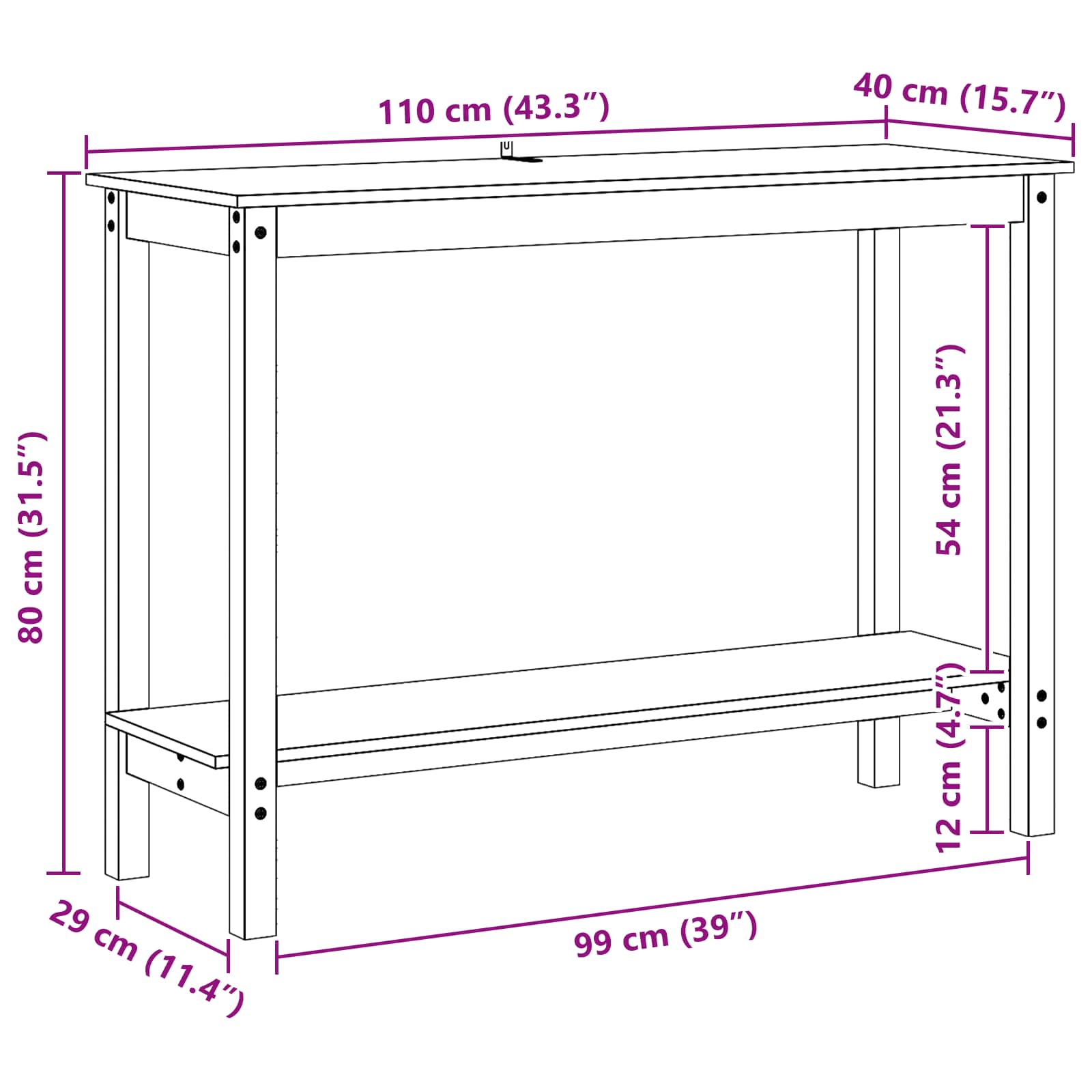 Tavolo consolle con lo scaffale Marrone Cera 110 x 40 x 80 cm