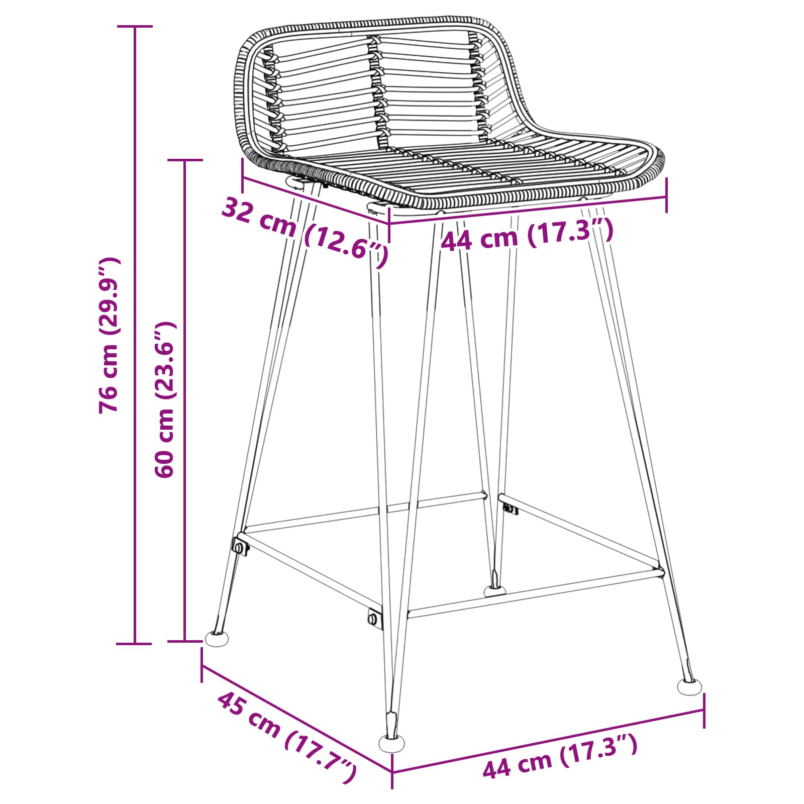 Sgabello da bar 2 pcs Nero 44 x 45 x 76 cm Rattan e acciaio
