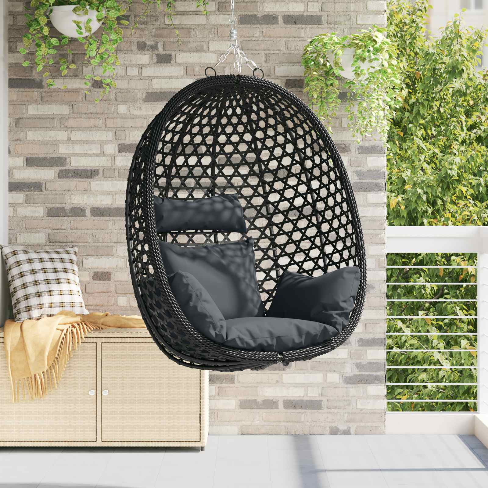 Sedia a uovo sospesa senza supporto Antracite e Nero polyrattan