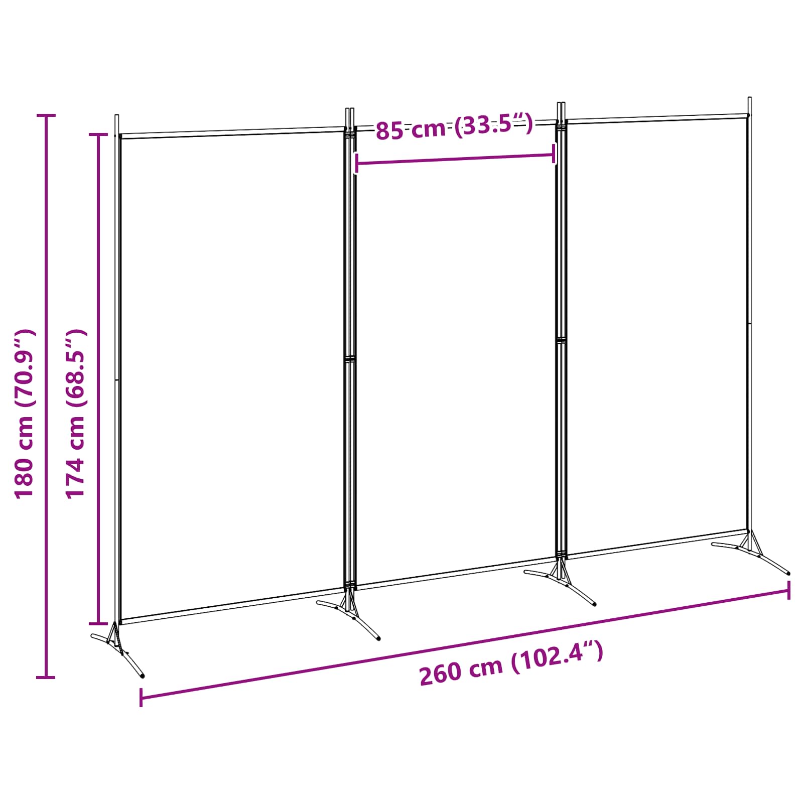 Paravento a 3 pannelli Beige 260 x 180 cm Tessuto