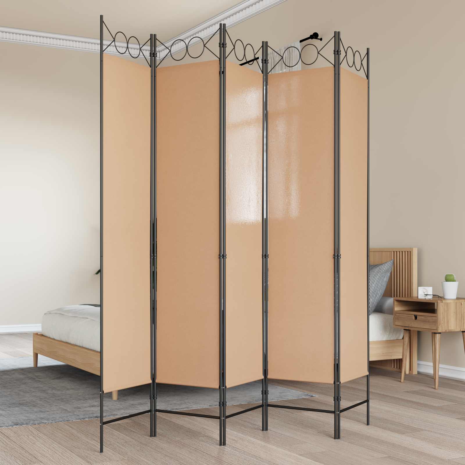 Paravento a 5 Pannelli Beige 200 x 200 cm Tessuto