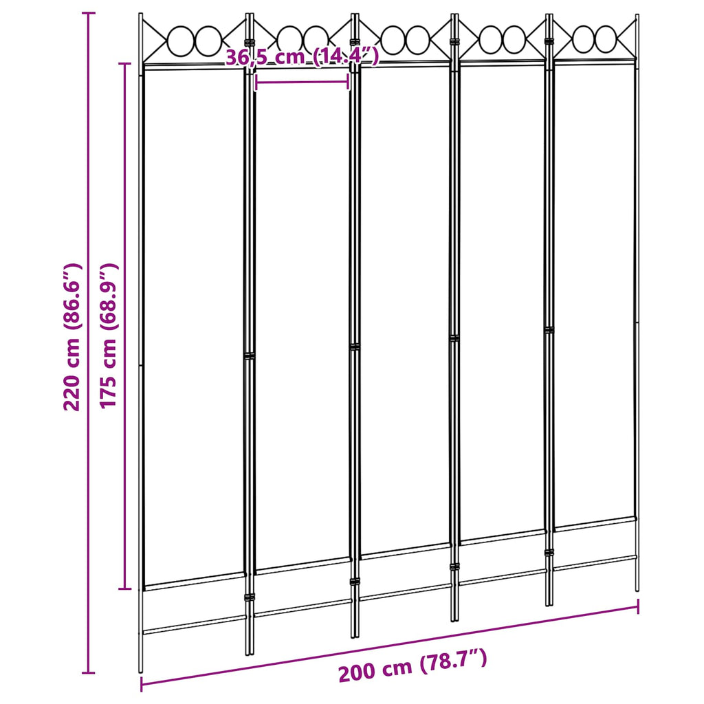 Paravento a 5 Pannelli Beige 200 x 220 cm Tessuto
