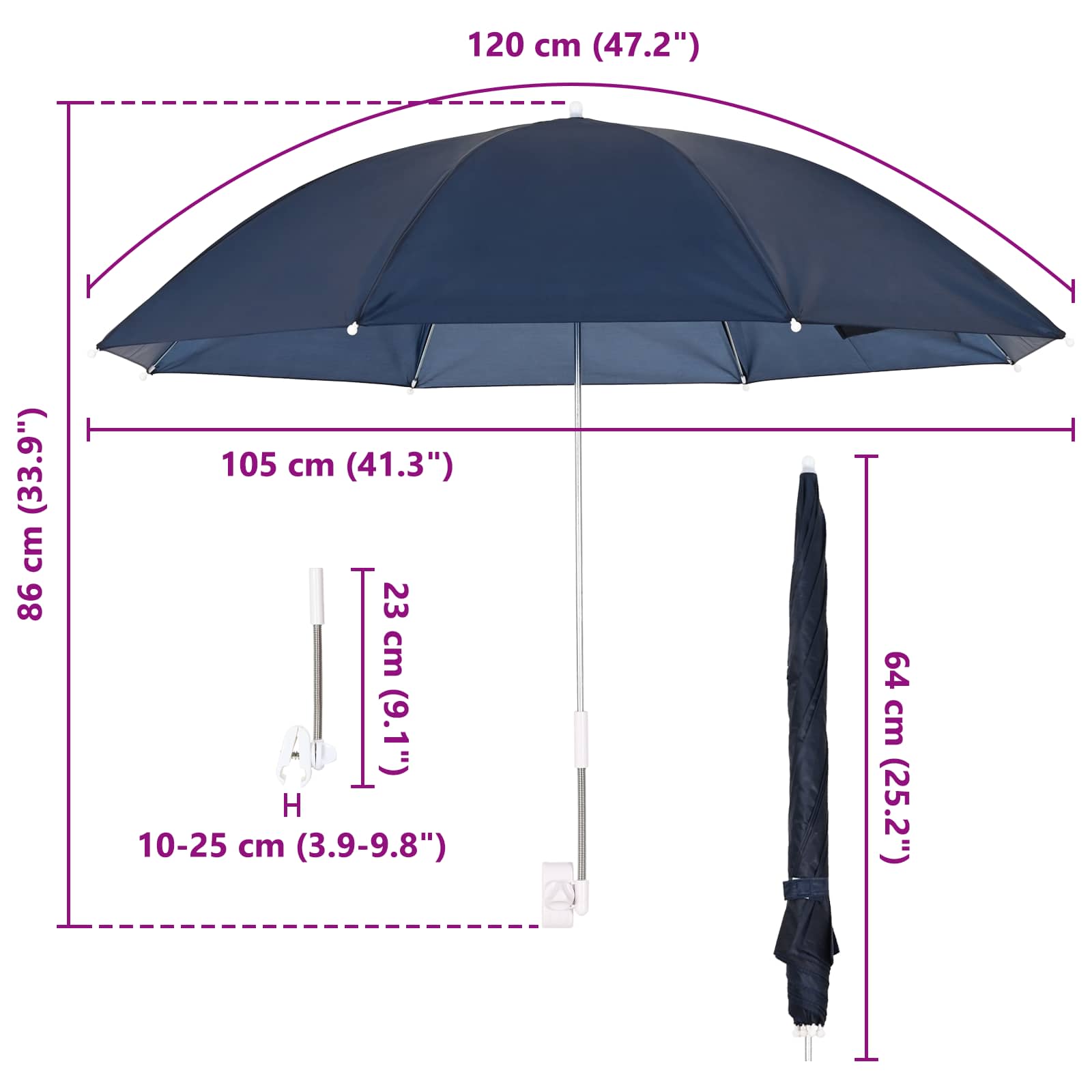 Ombrello con morsetto 2 pcs Blu navy Ø 105 x 86 cm