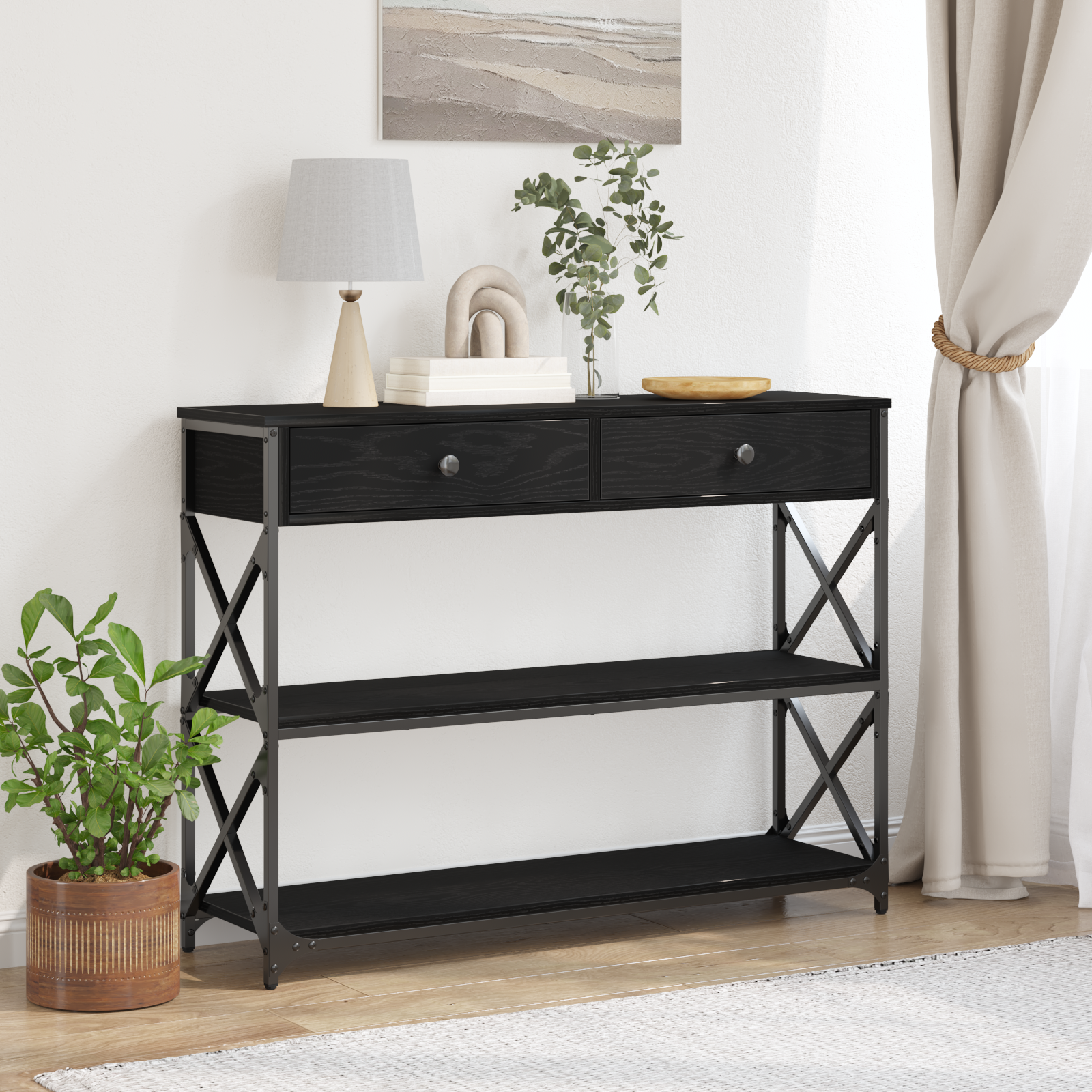 Tavolo Consolle con cassetto Rovere nero 100 x 28 x 75 cm